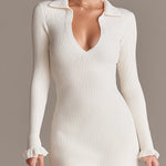 Ribbed Knit Polo Collar Ruffle Hem Mini Dress