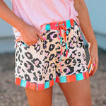 Drawstring Waist Stripes Splice Leopard Shorts
