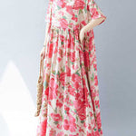 A-line Batwing Sleeves Flower Print Pleated Split-Joint Round-neck Midi Dresses