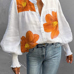 Loose Puff Sleeves Buttoned Flower Print Stand Collar Blouses&Shirts Tops