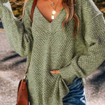 Jungle Green Plain Oversized Hollowed Knit Sweater