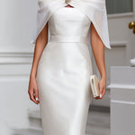 Off-Shoulder Draped Cape Satin Midi Dress