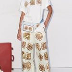 Lakeside Breeze Linen Blend Unique Print Elastic Waist Pocket Wide Leg Pants