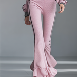 Elegant Sporty Black-trimmed Pink Flared Pants Set
