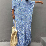 Batwing Sleeves Loose Leopard Split-Side Sun Protection V-Neck Cover-Ups Swimwear Maxi Dresses