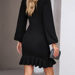 Loose Puff Sleeves Pleated Solid Color Split-Joint Round-Neck Mini Dresses