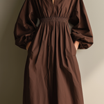 Women's Casual Brown Cotton And Linen V-neck Long-sleeved Maxi Dress With Elastic Waist