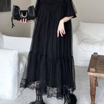 Fake Two-Piece Loose Gauze Pleated Solid Color Split-Joint Tiered Round-Neck Midi Dresses