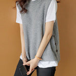Simple Sleeveless Loose Buttoned Solid Color Round-Neck Sweater Vest Outerwear