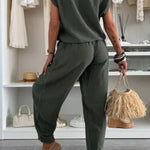 Leva Linen Blend Drawstring Short Sleeve Top and Elastic Waist Pocket Loose Tapered Pants