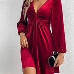 A-Line High Waisted Knot Pleated Solid Color Split-Joint Velvet Deep V-Neck Mini Dresses