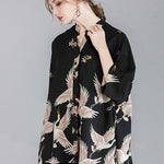 Original Crane Printed Buttoned Stand Collar Half Sleeves Blouse