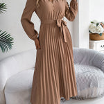 High Waisted Long Sleeves Belted Buttoned Pleated Solid Color V-Neck Maxi Dresses
