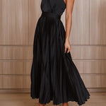 Beaming Smile Satin Halter Neck Pleated Midi Dress
