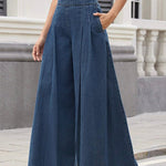 Loose Wide Leg Pleated Pockets Solid Color Jean Pants Bottoms Trousers
