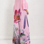 A-Line Flared Sleeves Flower Print Pleated V-Neck Maxi Dresses