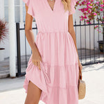 Loose Ruffle Sleeves Pleated Pockets Solid Color Split-Joint V-Neck Midi Dresses