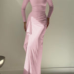 Bodycon High Waisted Asymmetric Pleated Ruffled Solid Color Split-Joint Round-Neck Maxi Dresses