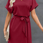 Loose Short Sleeves Solid Color Tied Waist Round-Neck Mini Dresses