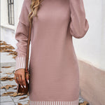 Long Sleeves Loose Contrast Color Split-Joint Mock Neck Mini Dresses Sweater Dresses