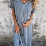V Neck Loose Fit Cotton Linen Midi Dress