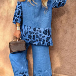 Leopard Print Crew Neck Loose Top and Elastic Waist Casual Wide-leg Pants Set