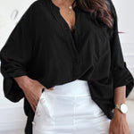 V Neck Button Roll Sleeve Patch Pocket Loose Straight Long Sleeve Shirt