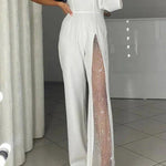 Stylish One Shoulder Slit Long Sleeve Mesh Splice Wide Leg Jumpsuit
