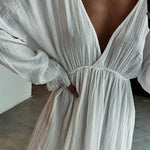 Casual V-neck Slit Cotton and Linen Dress