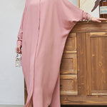Batwing Sleeves Loose Buttoned Muslim Solid Color Split-Side Round-Neck Maxi Dresses