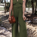 Moss Green Sleeveless V Neck Ruched Wide Leg Jumpsuit