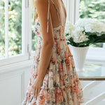 A-Line Loose Flower Print Layered Pleated Split-Joint Tied Spaghetti-Neck Mini Dresses