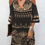 Half Sleeves Loose Hollow Mesh Printed Split-Joint Cold Shoulder Mini Dresses