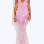 Deep V Neck Sequins Fishtail Hem Backless Gowns Slip Maxi Dresses-Yellow