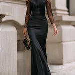 Elasticated Waist High Waisted Pleated See-Through Solid Color Split-Joint Halter-Neck Maxi Dresses