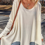 White Waffle Knit Exposed Seam Round Neck Oversized Top