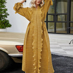 Original Loose Long Sleeves Tied Pleated Falbala Solid Color V-Neck Maxi Dresses