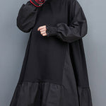 Loose Puff Sleeves Pleated Solid Color Split-Joint Round-neck Midi Dresses