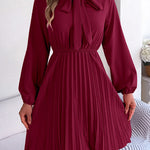 Long Sleeves Loose Pleated Solid Color Tied Mock Neck Mini Dresses