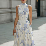 Sleeveless Botanical Print Fit-and-Flare Midi Dress