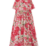 A-line Batwing Sleeves Flower Print Pleated Split-Joint Round-neck Midi Dresses