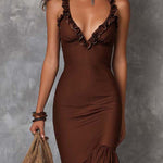 Vintage Satin Ruffle V-Neck Midi Dress