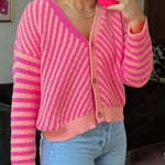 Pink Striped Buttoned V Neck Drop Shoulder Cardigan