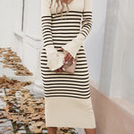Long Sleeves Loose Contrast Color Striped V-Neck Midi Dresses Sweater Dresses