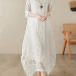 Half Sleeves Loose Gauze See-Through Solid Color Round-Neck Maxi Dresses