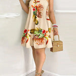 Loose Sleeveless Contrast Color Leaf Printed Halter-Neck Mini Dresses