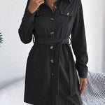Elasticated Waist Long Sleeves Belted Buttoned Single-Breasted Solid Color Lapel Collar Mini Dresses Shirt Dress