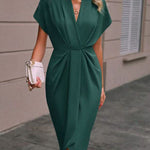 High-Low Loose Knot Pleated Solid Color Split-Front V-Neck Midi Dresses