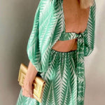 Summer Greens Linen Blend Ethnic Print Balloon Sleeve Back Tie-up Mini Dress