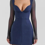 Deep V Neck Mesh Patchwork Long Sleeve A-Line Mini Dresses-Blue [Pre Order]